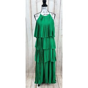 Strut & Bolt Pleated Satin Tiered Maxi Dress‎ Green Emerald Large NWT Formal